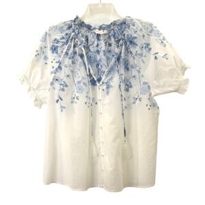Love & Piece Womens Large Blue Floral 100% Cotton Tassel Tie Peasant Blouse Top